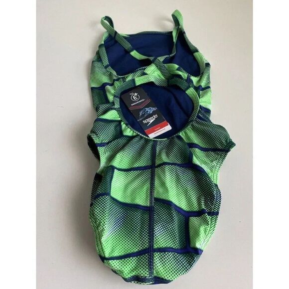 Speedo Endurance+ Flyback Racing Cut Swimsuit Size 26 Green/Blue Competition NEW - Picture 6 of 10